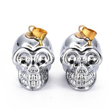 Electroplate K9 Glass Pendants, with Golden Plated Brass Bails, Skull, Halloween, Platinum Plated, 25x26~27x19mm, Hole: 5x3mm