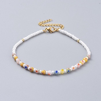 Millefiori Glass Anklets, with Round Glass Seed Beads, Brass Beads, 304 Stainless Steel Twisted Chains and Lobster Claw Clasps, Mixed Color, 8-3/4 inch(22.2cm), 3mm
