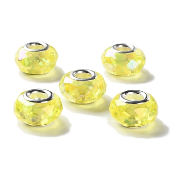 Shell Transparent Brass Cores Acrylic European Beads, Rondelle, Large Hole Bead, Faceted, Silver, Yellow, 15x9mm, Hole: 5mm