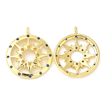 Brass Micro Pave Cubic Zirconia Pendants, Flat Round with Sun, Real 18K Gold Plated, 18x15x3mm, Hole: 1.5mm