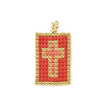 Handmade MIYUKI Japanese Seed Loom Pattern Seed Beads, Rectangle with Cross Pendants, Red, 30~30.5x16x2mm, Hole: 2.5mm