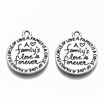 Tibetan Style Alloy Pendants, Lead Free & Cadmium Free, Flat Round with Word Family's Love is Forever, Antique Silver, 20x17x1mm, Hole: 1.6mm