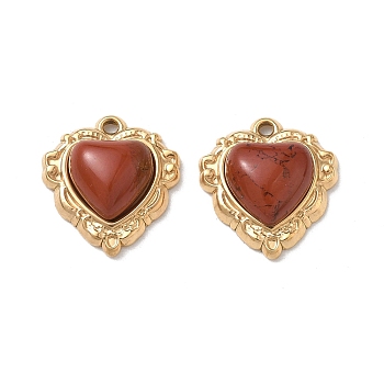 Natural Red Jasper Pendants, 304 Stainless Steel Bezeled Heart Charms, PVD Vacuum Plating, Real 18K Gold Plated, 16.5x15.5x6mm