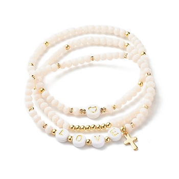 Glass Beads Stretch Bracelets Sets, with Acrylic & Brass Beads, 304 Stainless Steel Cross Charms, Love, Creamy White, Inner Diameter: 2-1/4 inch(5.7cm), 3pcs/set