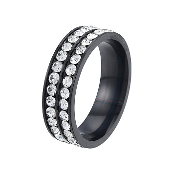 Crystal Rhinestone Double Line Finger Ring, 201 Stainless Steel  Jewelry for Women, Electrophoresis Black, Inner Diameter: 17mm