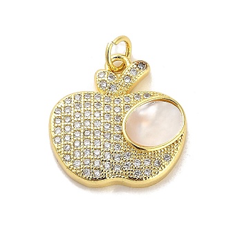 Brass Micro Pave Clear Cubic Zirconia Pendants, with Shell, Real 18K Gold Plated, Apple, 18.5x18x4mm, Hole: 3.5mm