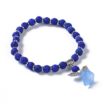 Dyed Natural Lava Rock(Dyed) Beads Stretch Bracelets, with Transparent Frosted Acrylic Flower Beads and Tibetan Style Alloy Findings, Lovely Wedding Dress Angel Charm Bracelets, Blue, 2 inch(5.2cm)~2-1/8 inch(5.5cm)