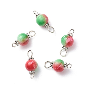 Spray Painted Resin Connector Charms, with Iron Loops, Two Tone, Red & Green, Round, Antique Silver, 19.5x8.5mm, Hole: 2~3mm