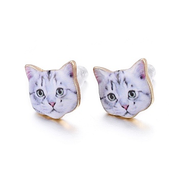 Real 14K Gold Plated Alloy Kitten Stud Earrings, with Enamel and Environment Stainless Steel Pin, Printed, Cat Pattern, Alice Blue, 10~10.5x10.5~11mm, pin: 0.7mm