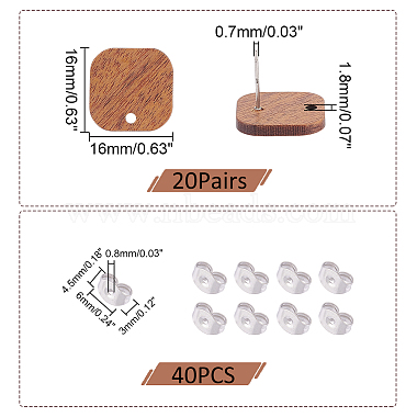 Unicraftale 20 Paar quadratische Ohrstecker aus Walnussholz(WOOD-UN0001-03)-3