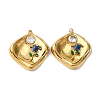 304 Stainless Steel Enamel Pendants, with Rhinestone, Flower Charms, PVD Vacuum Plating, Real 18K Gold Plated, Rhombus, 23.5x21.5x3mm, Hole: 1.2mm(STAS-L299-12G-01)