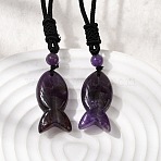 Natural Amethyst Fish Pendant Black Nylon Cord Necklaces, 28.35 inch(72cm)(NJEW-G185-01C)