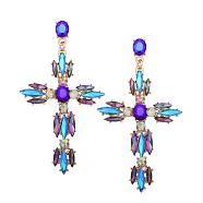 Alloy Dangle Stud Earrings, with Rhinestone, Cross, Golden, Mixed Color, 90x50mm(EJEW-K057-09A)