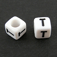 Letter Acrylic European Beads, Horizontal Hole, Cube, Letter.T, 10x10x10mm, Hole: 3.5~4mm, about 59pcs/50g(X-OPDL-R050-10mm-T)