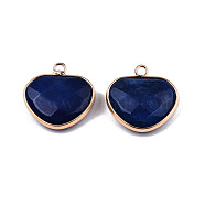 Natural White Jade Pendants, with Light Gold Plated Tone Brass Edge, Dyed & Heated, Faceted Heart Charm, Dark Blue, 22x22x6mm, Hole: 2mm(G-N326-145D)