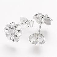 Real Platinum Plated Flower Brass Stud Earrings, with Rhinestone, Crystal, 8x8mm(EJEW-EE0001-230)