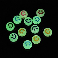 Luminous Acrylic Beads, Glow in the Dark, Flat Round with Smiling Face Pattern, Mixed Color, 10x5mm, Hole: 2mm, about 1450pcs/500g(LACR-E012-01B)