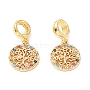 Brass Cubic Zirconia European Dangle Charms, Largr Hole Pendants, Long-Lasting Plated, Real 18K Gold Plated, Flat Round with tree, Colorful, 23mm, Hole: 5mm, Pendant: 14x12x2mm(KK-B037-02G)