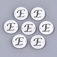 Natural Freshwater Shell Links Connectors, Flat Round with Letter, Letter.E, 14.5x1.5mm, Hole: 0.9mm(SHEL-S276-120E)