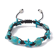 Synthetic Turquoise Starfish & Turtle Braided Bead Bracelet, with Polyester Cord, Dark Turquoise, Inner Diameter: 2-1/4~3-1/8 inch(5.8~8.05cm)(BJEW-TA00388-01)