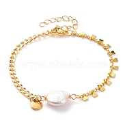Natural Baroque Pearl Keshi Pearl Link Bracelets, with Brass Curb Chains, 304 Stainless Steel Lobster Claw Clasps and Flat Round Charms, Heart, White, Real 18K Gold Plated, 7-1/2 inch(19cm)(BJEW-JB05803-03)