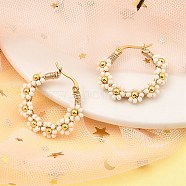 304 Stainless Steel & Bohemian Beaded Flower Hoop Earrings for Women, Golden, WhiteSmoke, 29x30x5.5mm, Pin: 0.8mm(EJEW-R001-02G-02)