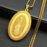 304 Stainless Steel Oval with Virgin Mary Pendant Necklaces, Box Chain Necklaces for Women Men, Real 18K Gold Plated, 23.62 inch(60cm)(NJEW-S007-02G)