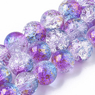 Transparent Spray Painted Crackle Glass Bead Strands, with Golden Foil, Round, Medium Orchid, 10~11mm, Hole: 1.4~1.6mm, about 39~42pcs/Strand, 14.84 inch~15.27 inch(37.7~38.8cm)(GLAA-N035-03D-A03)