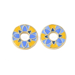 Brass Enamel Beads, Lead Free & Cadmium Free, Long-Lasting Plated, Flat Round with Flower, Real 18K Gold Plated, Cornflower Blue, 11x1.5mm, Hole: 3.5mm(KK-P290-31G-01)