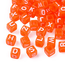 Transparent Acrylic Beads, Cube with White Random Mixed Letters, Coral, 6x6x6mm, Hole: 3.5mm(X1-TACR-ywc0001-01D)