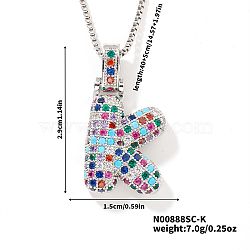 Brass Pave Colorful Cubic Zirconia Letter Pendant Box Chain Necklaces, Platinum, Letter K, 15.75 inch(40cm)(NU0575-37)