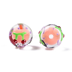 Transparent Acrylic Enamel Beads, Bead in Bead, Round with Cherry, Light Salmon, 14~15x13mm, Hole: 2mm(TACR-G040-01F)