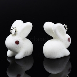 Flocky Resin Pendants, with Platinum Plated Iron Loops, Rabbit, White, 18x16.5x11mm, Hole: 2.5mm(RESI-N032-03B)