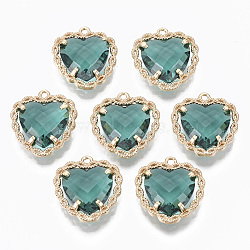 Glass Pendants, with Brass Open Back Settings, Faceted, Heart, Light Gold, Medium Turquoise, 18x16~17x5.5mm, Hole: 1.2mm(X-GLAA-T021-04E)