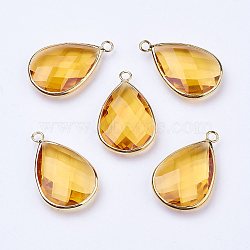 Golden Tone Brass Glass Teardrop Pendants, Faceted, Yellow, 18x10x5mm, Hole: 2mm(X-GLAA-M006-A-20G)