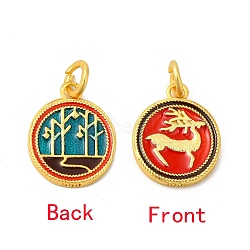 Rack Plating Alloy Enamel Pendants with Jump Ring, Double Side with Deer Pattern Flat Round Charms, Matte Gold Color, 16x13x1.8mm, Jump Ring: 5.5x1mm, 3mm Inner Diameter(ENAM-M048-28MG)