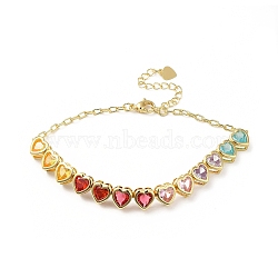 Colorful Cubic Zirconia Heart Link Bracelet, Rack Plating Brass Jewelry for Women, Cadmium Free & Lead Free, Golden, 7-3/8 inch(18.8cm)(BJEW-E073-02G)