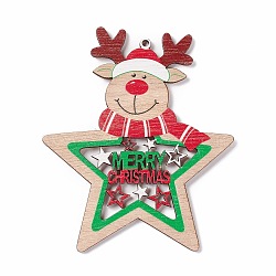 Christmas Spray Painted Wood Big Pendants, Reindeer/Stag with Star, Colorful, 95x84x2.5mm, Hole: 3mm(FIND-H030-22)