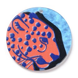 Acrylic Pendants, Flat Round with Leopard Pattern, Tomato, 37.5x2.5mm, Hole: 2mm(MACR-C020-01B)