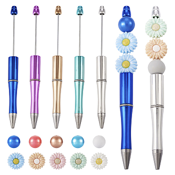 Plastic Ball-Point Pen, Beadable Pen, with Silicone Beads, Mixed Color, Pen: 146x12mm, 10pcs, Beads:15~19x7~15mm, Hole: 2mm, 20pcs