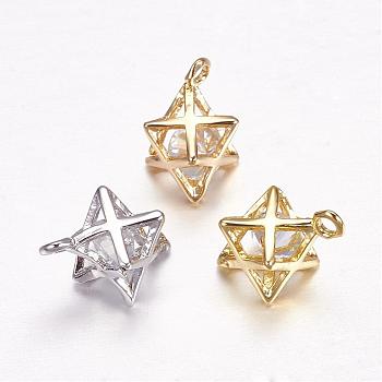 Brass Charms, with Rhinestone, Star, Mixed Color, 12.5x10mm, Hole: 1mm