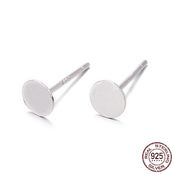 925 Sterling Silver Flat Pad  Stud Earring Findings, Earring Posts with 925 Stamp, Silver, tray: 5mm, 11.5mm, Pin: 0.8mm