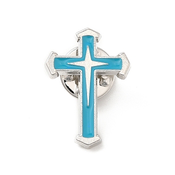 Cross Enamel Pin, Platinum Alloy Badge for Backpack Clothes, Turquoise, 25x17.5x1.5mm