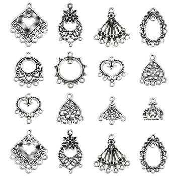 60Pcs 10 Styles Tibetan Style Alloy Chandelier Component Links, Hollow-out, Cadmium Free & Lead Free, Fan/Heart/Rhombus, Antique Silver, 14.5~30x13~24x0.8~2.5mm, Hole: 1.4~1.8mm, 6pcs/style