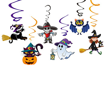 Halloween Paper Spiral Hanging Wall Decorations, Witch & Ghost & Cat & Pumpkin, Mixed Color, 150~180x150~224x0.2mm