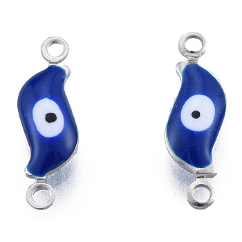 304 Stainless Steel Enamel Connector Charms, Stainless Steel Color, Leaf with Evil Eye, Dark Blue, 16x5x3mm, Hole: 1.2mm