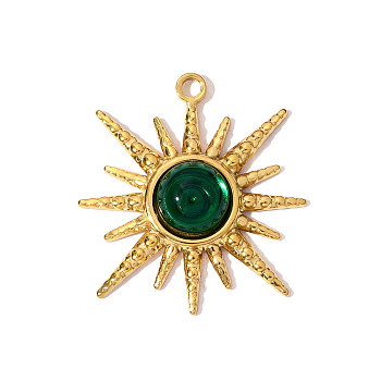 304 Stainless Steel Glass Pendants, Sun Charms, Mirror Polished Finish, Ion Plating(IP), Real 18K Gold Plated, 27x25mm