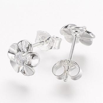 Real Platinum Plated Flower Brass Stud Earrings, with Rhinestone, Crystal, 8x8mm