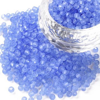 (Repacking Service Available) Glass Seed Beads, Frosted Colors, Round, Cornflower Blue, 8/0, 3mm, about 12g/bag