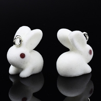 Flocky Resin Pendants, with Platinum Plated Iron Loops, Rabbit, White, 18x16.5x11mm, Hole: 2.5mm